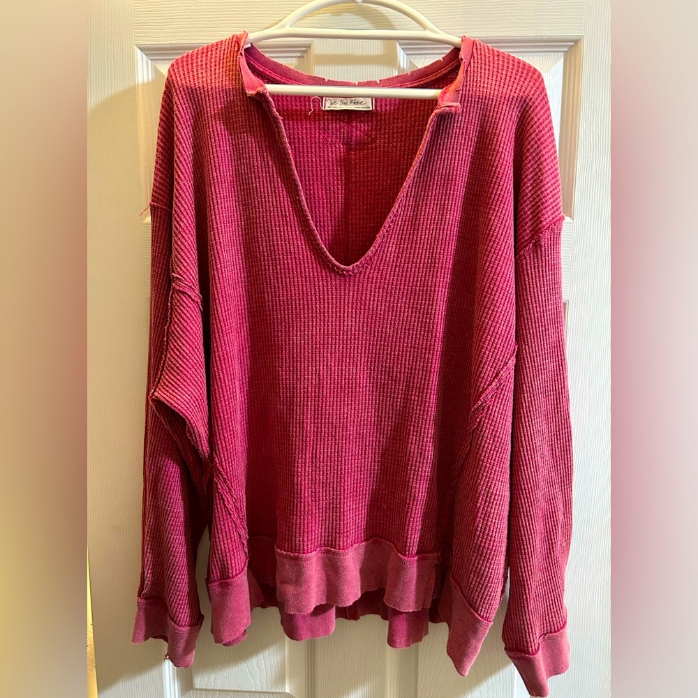 We The Free Pink Waffle Knit V Neck Oversized Long Sleeve Top Size XL Boho Top